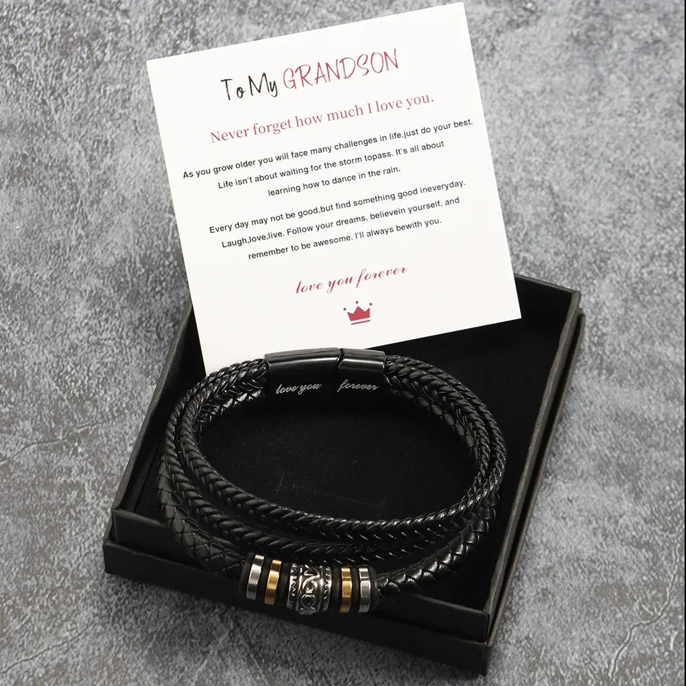 Bracelet for Son/Grandson From Parents, Stainless Steel Leather Bead Grown Up Meaningful Graduation Gifts for His Birthday 8.5" Pi-Mart