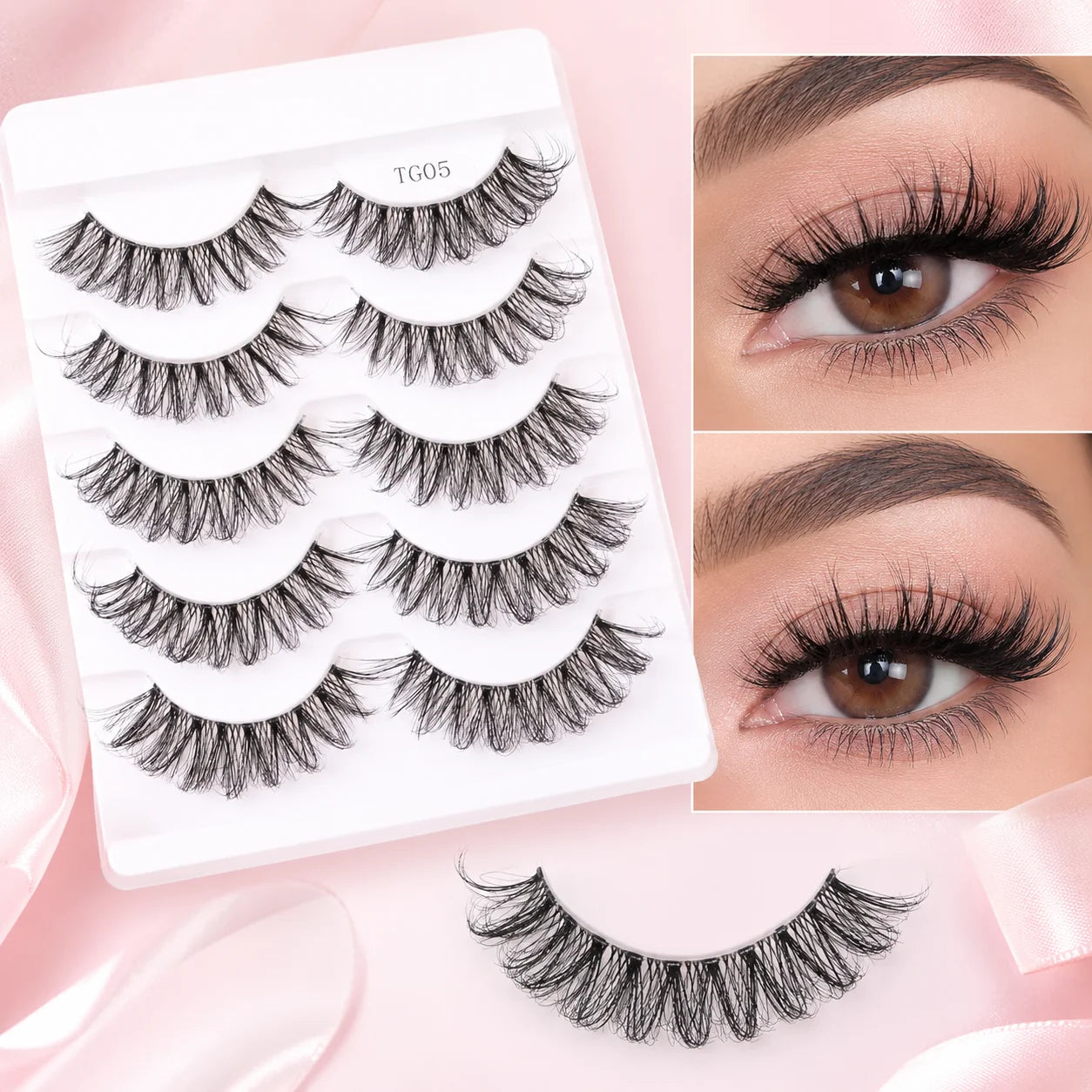Yiernuo 1/5 Pairs Long Transparent Band Vegan Eyelash D Curl Russian Eyelashes Clear Band Lashes Invisible Band Lashes Pi-Mart
