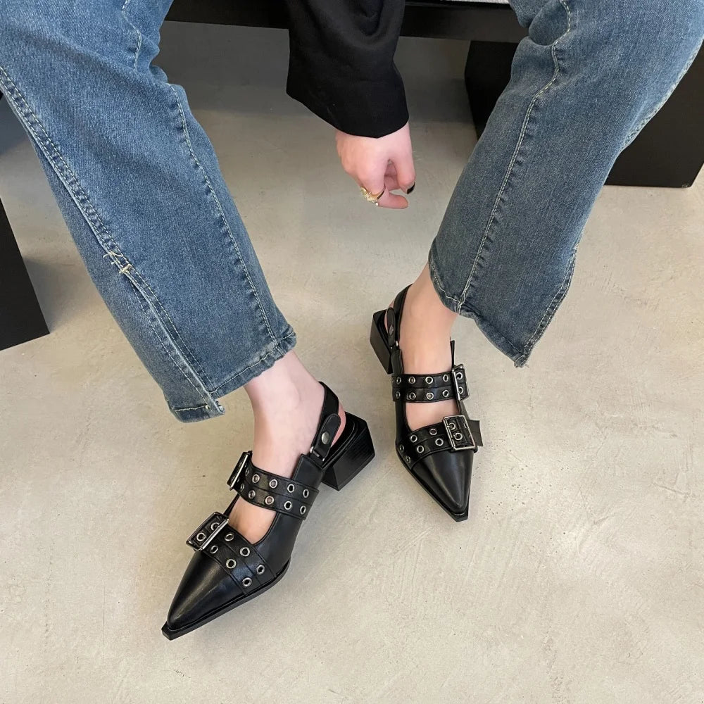 New Women Sandals Shoes Pointed Toe 2025 Spring Fashion Shallow Footwear Slingbacks Ladies Sandals Flats Shoes Big size Pi-Mart