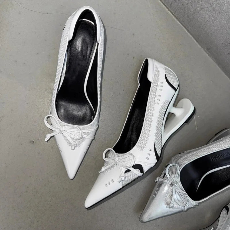 Special Heel Spliced Heels Pointed Toe Heels Women's Fashion Shallow Mouth Bow Non-Slip Mary Jane Single Shoes Large 42 LadyShow.Store