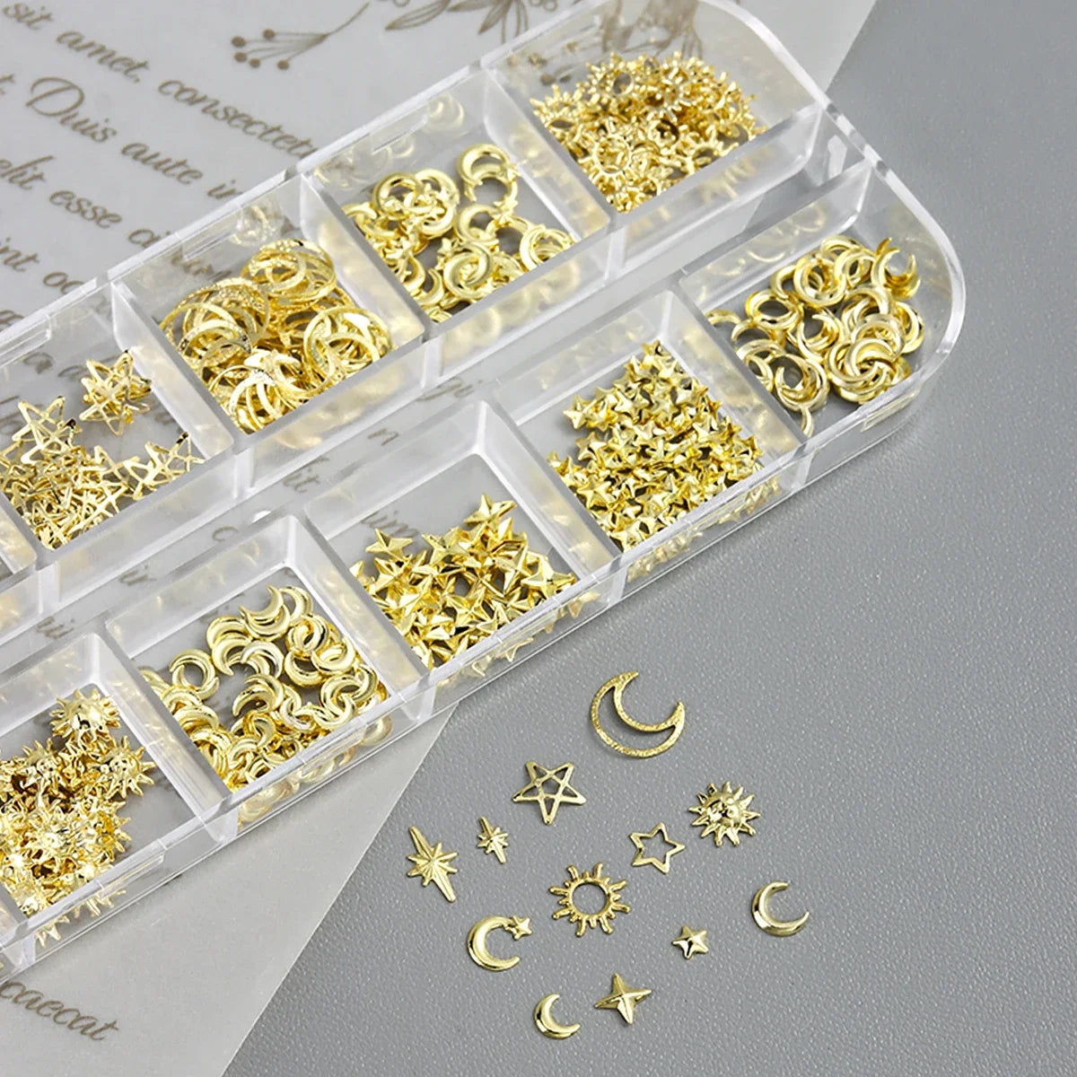 6/12Grids Gold Star Moon Metallic Rivet 3D Nail Charms Alloy Sun Moon Starlight Rhinestones Nail Studs For Nail Art Decoration Pi-Mart