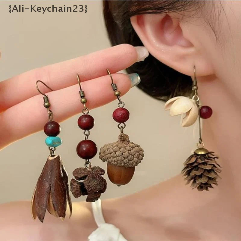 1Pair Vintage Wooden Plant Earring For Women Creative Natural Plant Dried Fruits Drop Earrings Ethnic Jewelry Pi-Mart