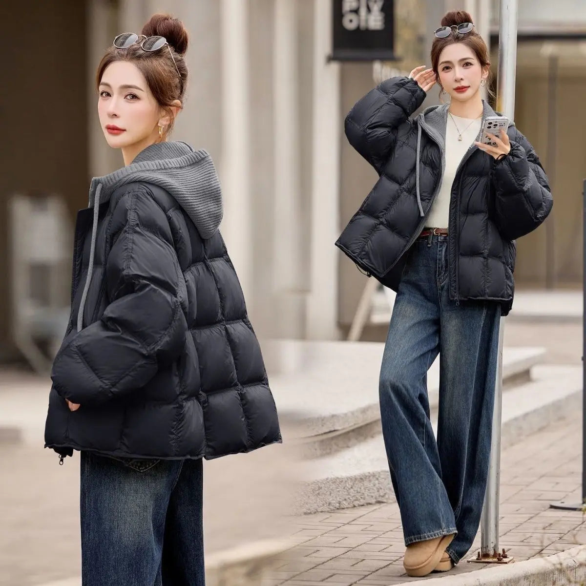 Femme Korean Cotton Padded Outwear 2026 New Autumn Winter Women Casual Knitted Hooded Puffer Jacket Fake Two-piece Warm Parkas LadyShow.Store