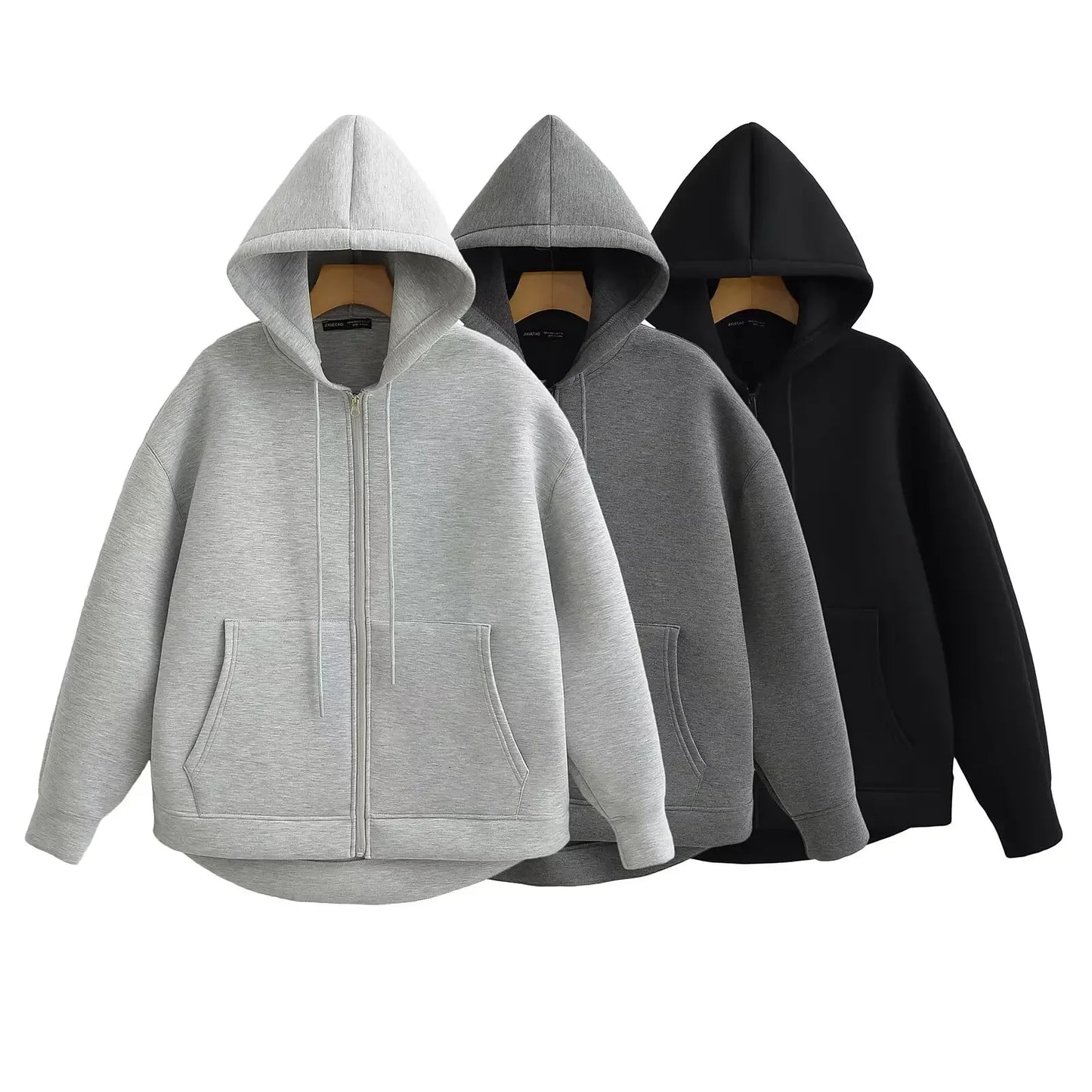 HH Autumn Women Casual Hooded Jacket Loose Oversize Zipper Hoodie Sweatshirts Solid Coat Office Lady Chic Outwear Tops LadyShow.Store