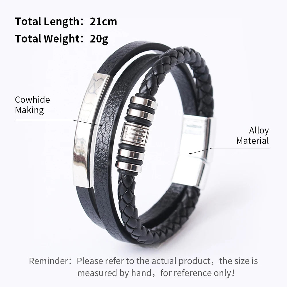 Trendy Leather Bracelets For Men Stainless Steel Bracelet 21CM Multilayer Braided Rope Bracelets for Male Jewelry Gifts Pi-Mart