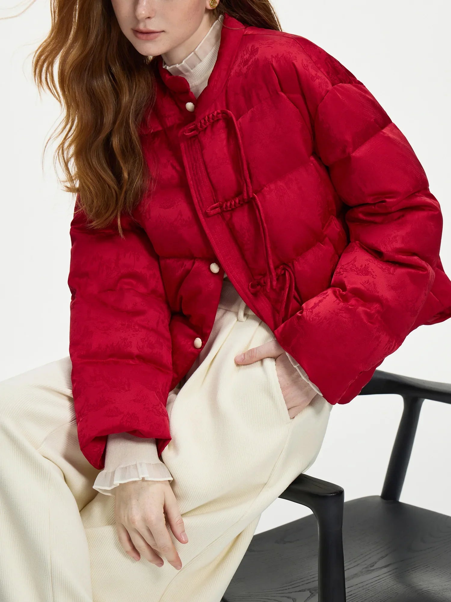 FSLE 115.2G Filling Amount Stand-up Collar New Chinese Style Down Coat For Women 2024 New Jacquard Warm Casual Jacket 24FS14068 LadyShow.Store