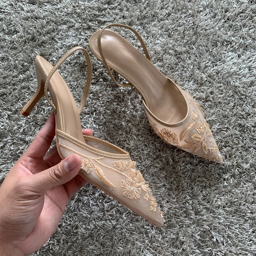 Mesh Embroidered Fashion Sandals Women String Bead High Heels Mules Shoes Pointed Toe Slingback Slippers Women Zapatos De Mujer LadyShow.Store
