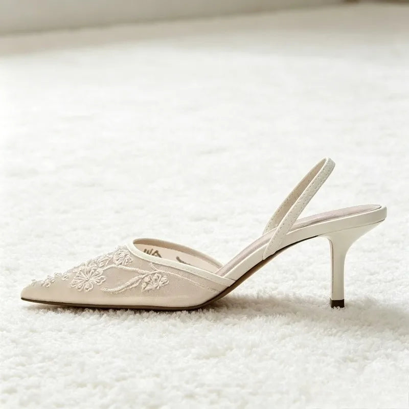 Elegant Mesh Embroidered Flowers Designer Heeled Sandals Women 2025 Summer Sexy Slingback Pointed Toe Thin High Heels Dress Shoe LadyShow.Store
