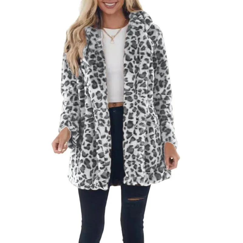 Women Winter Warm Faux Fur Coat Fashion Casual Turn-down Collar Leopard Jackets Ladies Streetwear Long Sleeve Pockets Overcoats LadyShow.Store