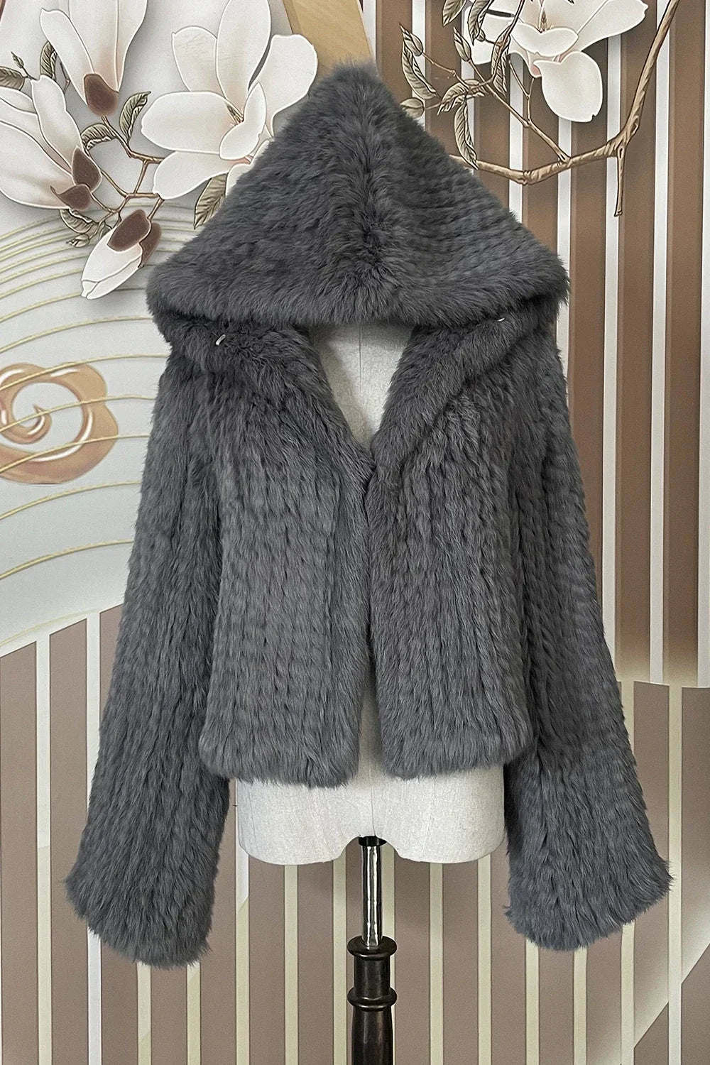 Real Rabbit Fur Hooded Coat Long Sleeve Women Casual Loose Knitted Genuine Fur Jacket With Hood Female Natural Fur Outwear LadyShow.Store