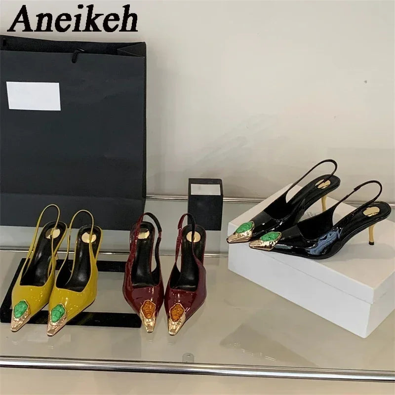 Aneikeh Street Style Design Metal Square Head Diamonds Woman Pumps Sandals Elegant Sexy Low-heel Banquet Prom Slingbacks Shoes LadyShow.Store