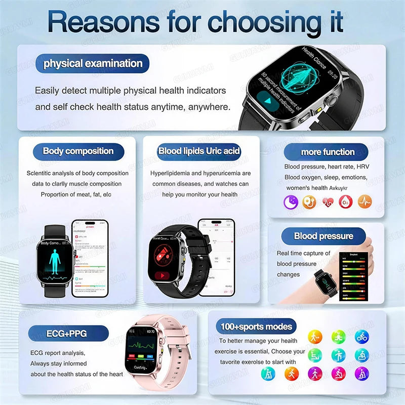New Men Accurate Health Diagnosis ECG Smart Watch Blood Pressure Blood Oxygen Blood Fat Uric Acid Temp Bluetooth call Smartwatch Pi-Mart