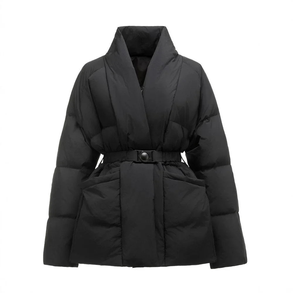 New Fashion Temperament Cotton Coat Women Winter Warm Solid Color V-neck Gathered Waist Jacket Coats Parkas with Belt LadyShow.Store