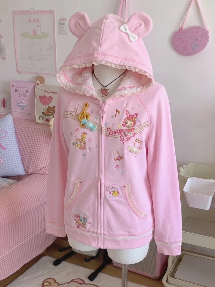 Japanese Cute Coat Embroidery Rabbit Ear Hooded Subculture Kawaii Y2k Tops Casual Fashion Sweet Coats Ropa Mujer Women Clothing LadyShow.Store