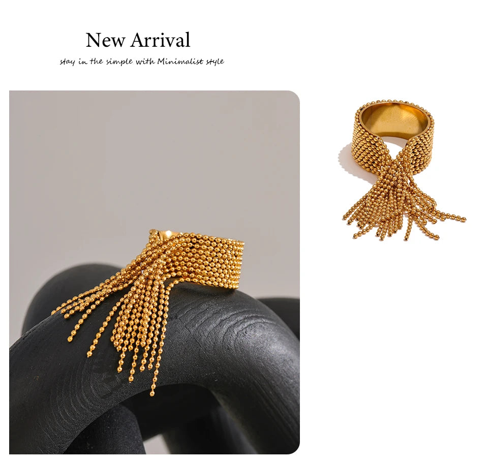 Yhpup Statement Stainless Steel Chain Tassel Finger Ring Adjustable 18K PVD Plated High Quality Charm Stylish Golden Jewelry Pi-Mart