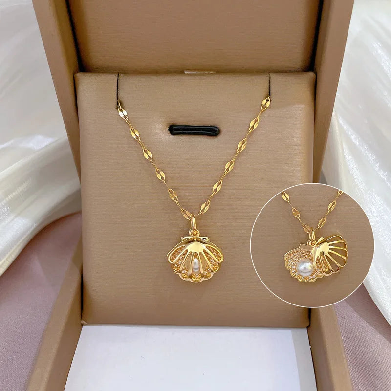 ZAKOL Korean Light Luxury Shell Pearl Necklace For Women Micro Inlaid Zircon Love Heart Moon Choker Wedding Jewelry Pi-Mart