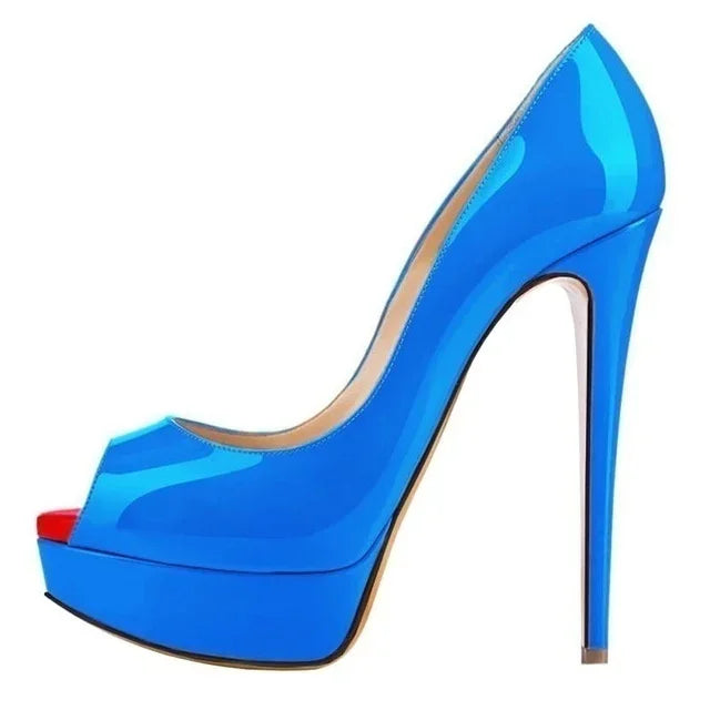 Women Pumps Sexy Platform Peep Toe 14cm Extremely Thin High Heels Stiletto Patent Leather Fashion Party Nighclub Wedding Shoes Pi-Mart