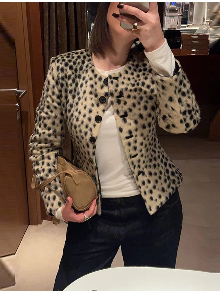 Retro Leopard Faux Fur Short Coat Lady Chic O-neck Single Button Placket Spotted Dot Cropped Long Sleeve Outerwear Street Jacket Pi-Mart
