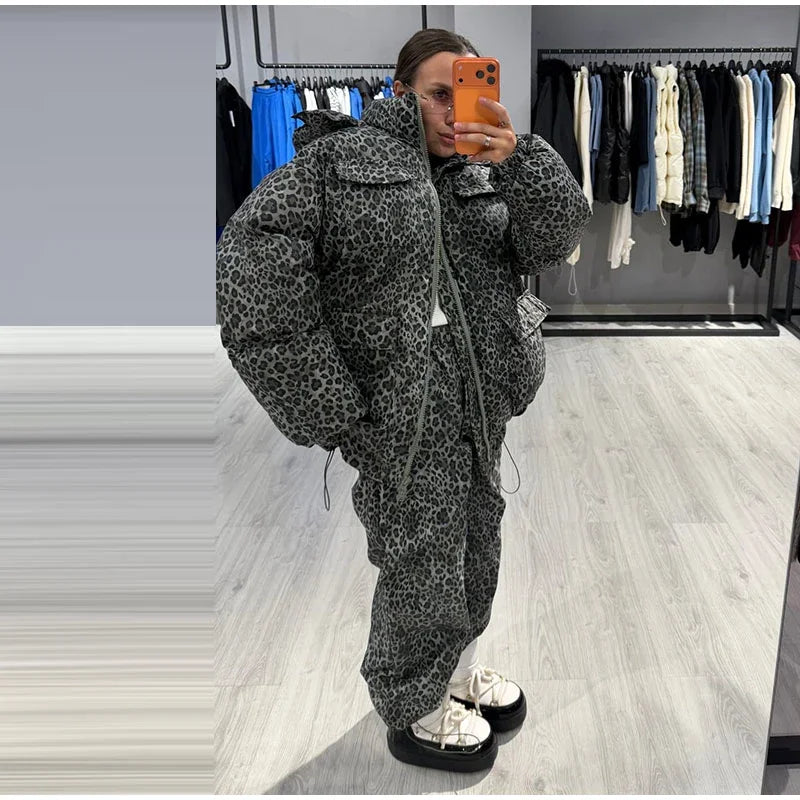 Chic Leopard Hooded Puffer Coat Set Women Quilted Full Sleeve Zip Jacket Wide Leg Pants 2026 New Lady Winter Thicken Warm Outfit Pi-Mart