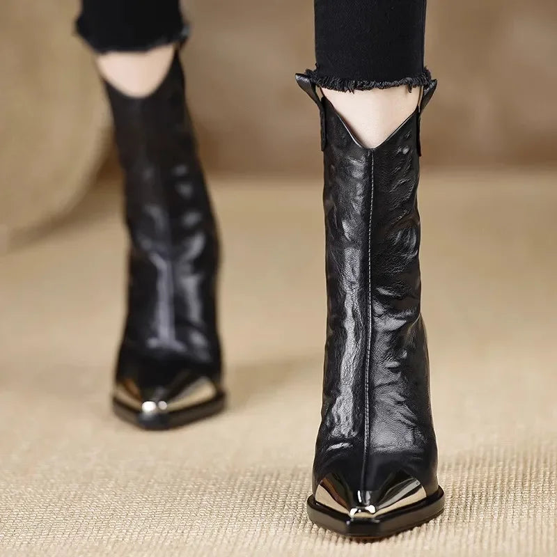 2024 New Metal Square Toe Ankle Boots for Women Fashion Patent Leather Women's Shoes Botas Mujer High Heels Shoes Women Zapatos Pi-Mart