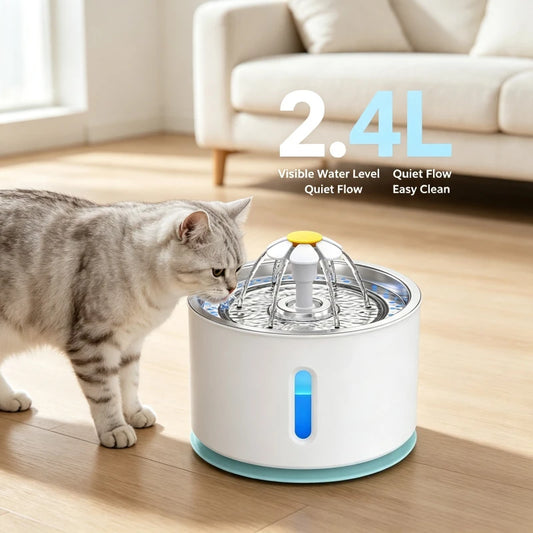 Pet Water Fountain Quiet Pump Visible Water Level 4-Layer Filter Flower Nozzle Cat Dispenser Drinking Bowl Cats Small Dogs Home Pi-Mart