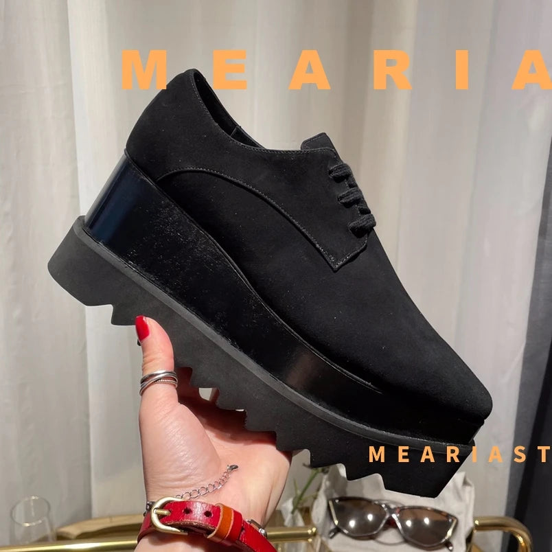 Women Walking Sneakers Autumn Lace-up High Platform Chunky Shoes Breathable Leather Shoes 8.5CM Winter Wedge Heels Casual Shoes Pi-Mart