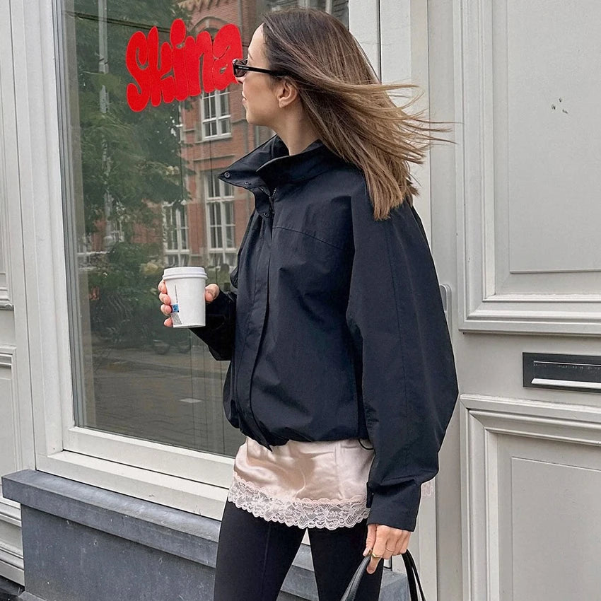 Linad Street Chic Red Turtleneck Zipper Jackets Autumn Casual Long Sleeve Outerwear Fashion Coats For Woman Tops Female 2025 Pi-Mart