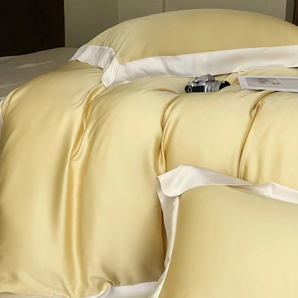 Liv-Esthete Top Grade 100% Silk Duvet Cover Set Queen King Yellow White Bedding Set Flat Sheet Beauty Pillowcase Bed Linen Pi-Mart