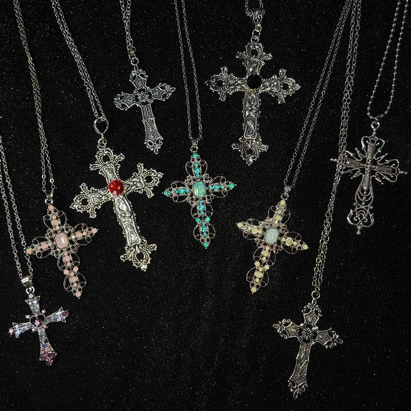 Gothic Big Zircon Cross Necklace Unisex Y2K Irregular Goth Large Cross Pendant Necklaces  for Men Women Couple Necklace Jewelry Pi-Mart