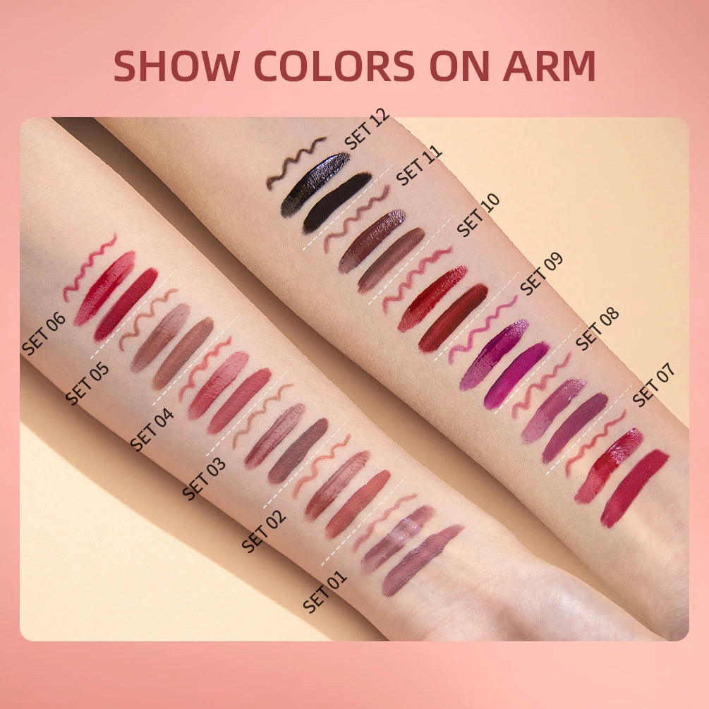 3pcs Matte Liquid Lipstick+Lip Liner Set Lip Glaze Makeup Nude Black Red Velvet Lip Gloss Long Lasting Lip Tint Cosmetics Kits Pi-Mart