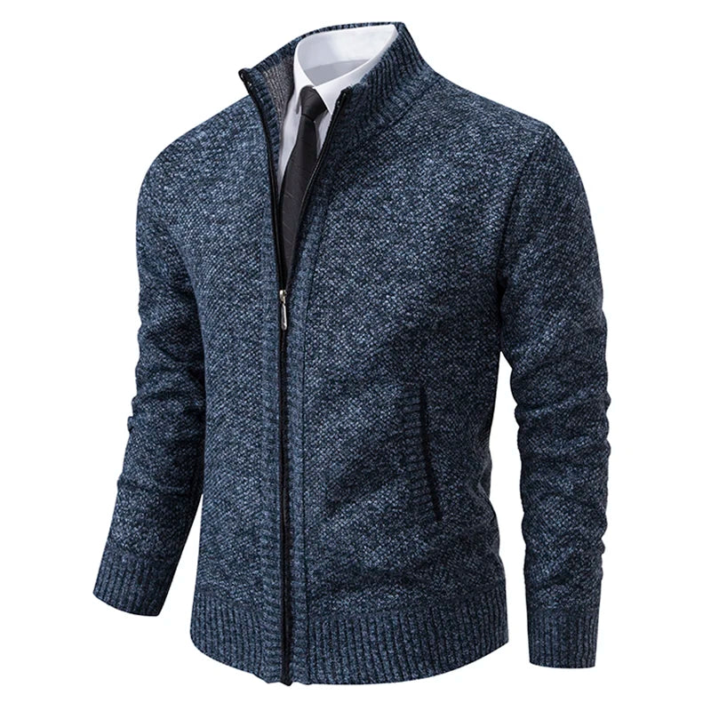 Autumn And Winter New Jersey Men's Casual Sports Coat Solid Color Stand Collar Wweater Grab Fleece Warm Zipper Cardigan Pi-Mart