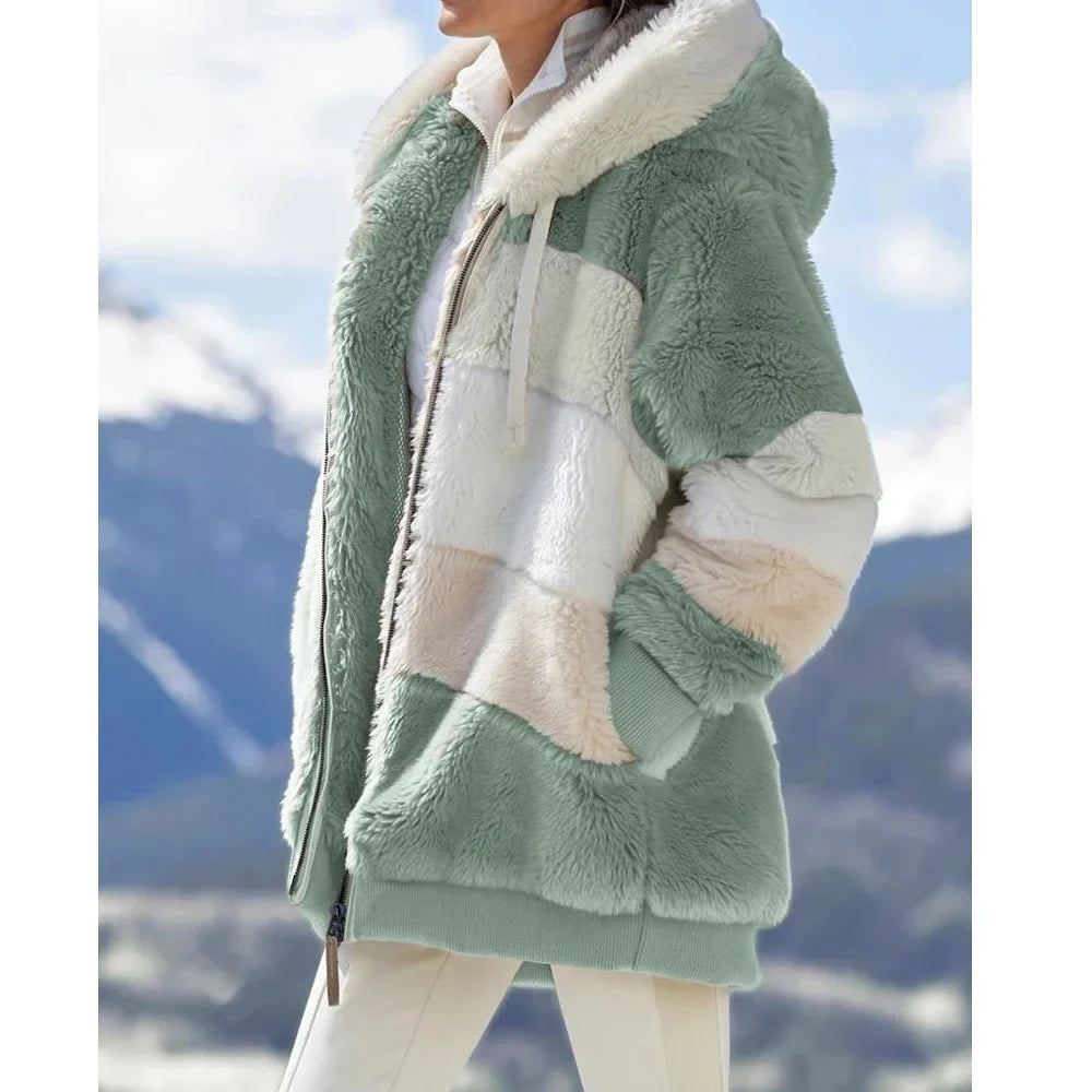 Oversized Jacket for Women Coat 2025 Autumn Winter Warm Plush Pocket Hooded Streetwear Loose Lady Zipper Cashmere Outerwear Coat LadyShow.Store