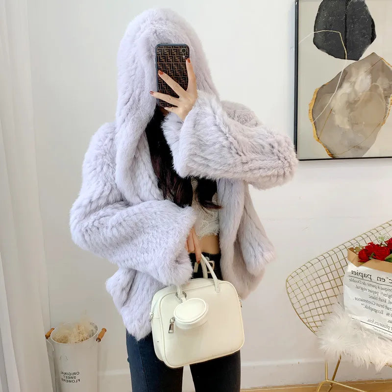 Real Rabbit Fur Hooded Coat Long Sleeve Women Casual Loose Knitted Genuine Fur Jacket With Hood Female Natural Fur Outwear LadyShow.Store