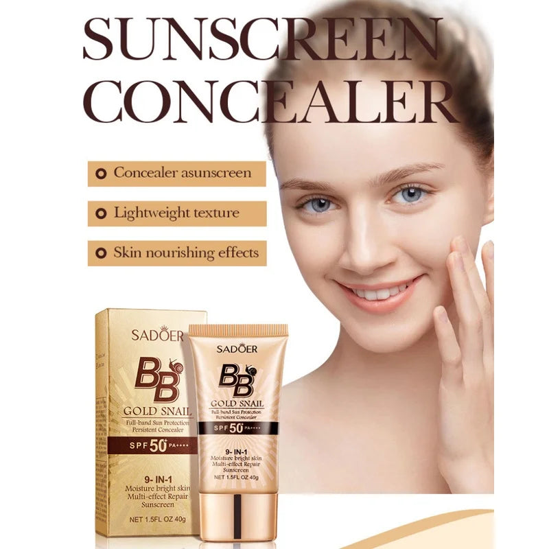 SADOER Gold Snail Sunscreen BB Cream Foundation Concealer Moisturizing Isolation Cream SPF50+PA+++ 40g Tri Light Beauty