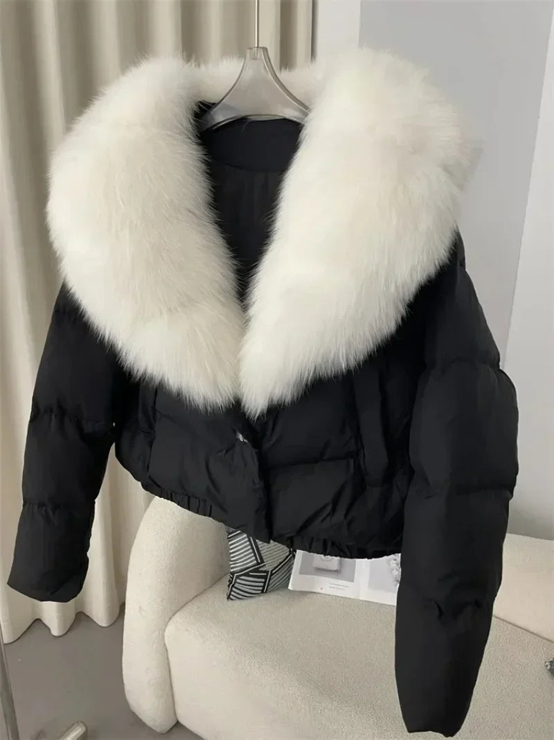 Down Jacket Women Short Puffer Jacket Thick New Big Natural Real Fox Fur Coat  Autumn Winter Female White Duck Down Coat Feather LadyShow.Store