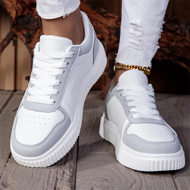 ZERJER Unisex Sneakers, New Arrival Large Size Classic Retro Men's Sports Skate Shoes, White Thick-Soled Tennis Shoes, Solid Col Pi-Mart