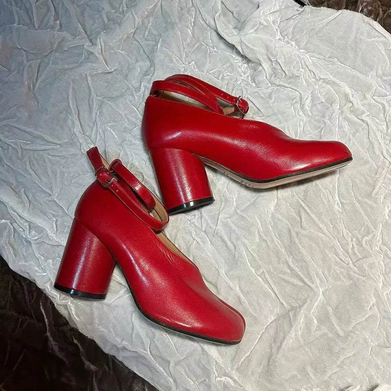 Ins style Vintage Soft Leather Split Toe Tabi Women Pumps Fashion Ankle Strap Thick High heels Spring Autumn Casual Chunky Shoes LadyShow.Store