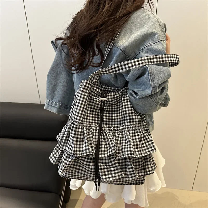 Large Capaci Cute Plaid Cotton Tote Bag  Lace Trim Women's Summer 2025 Simple Lady Handbag Soft Shoulder Bags Bolsa Feminina Pi-Mart