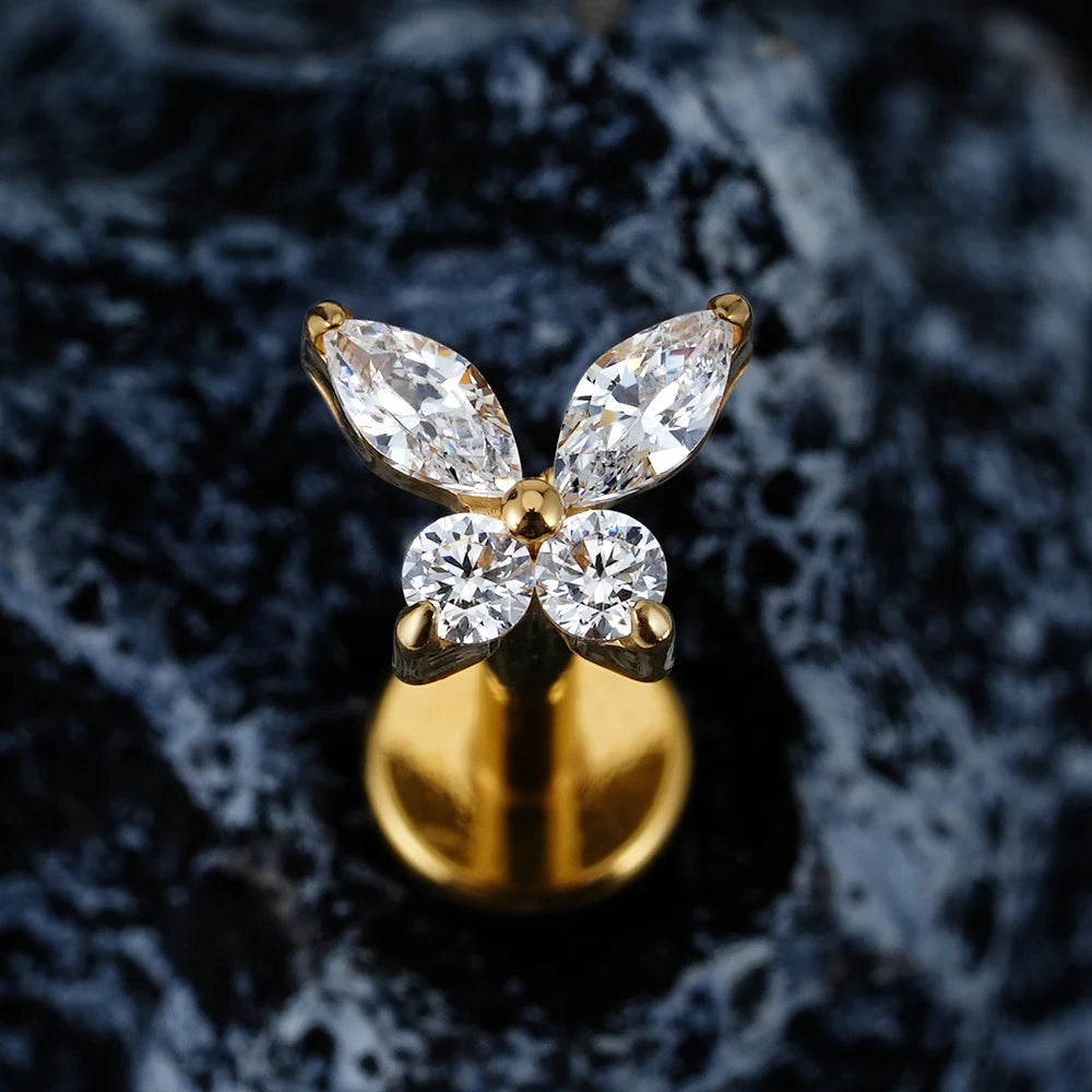 Right Grand ASTM F136 Titanium 16G Mini Butterfly CZ Labret Tragus Cartilage Conch Forward Helix Stud Nose Piercing Body Jewelry Pi-Mart