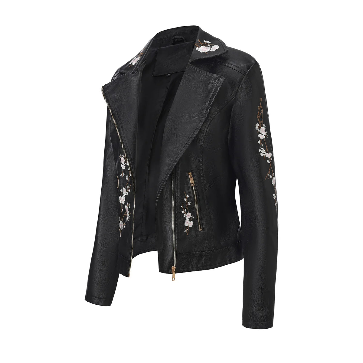 New Fall Women's Black Faux Leather Jacket; White Floral Embroidered PU Coat; Dark Brown Motorcycle-style Top. Pi-Mart