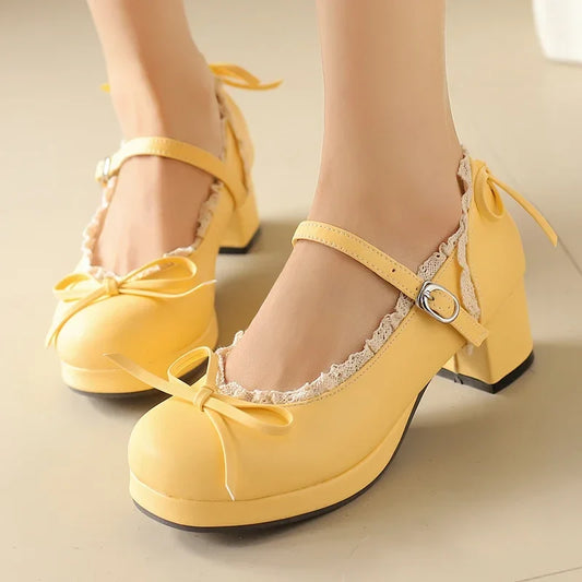 Women's Lolita Cosplay Mary Jane Pumps, Strap Platform Block Heel, Lace & Bow, Kawaii Vintage Dress Shoes Plus Size 31-50 LadyShow.Store
