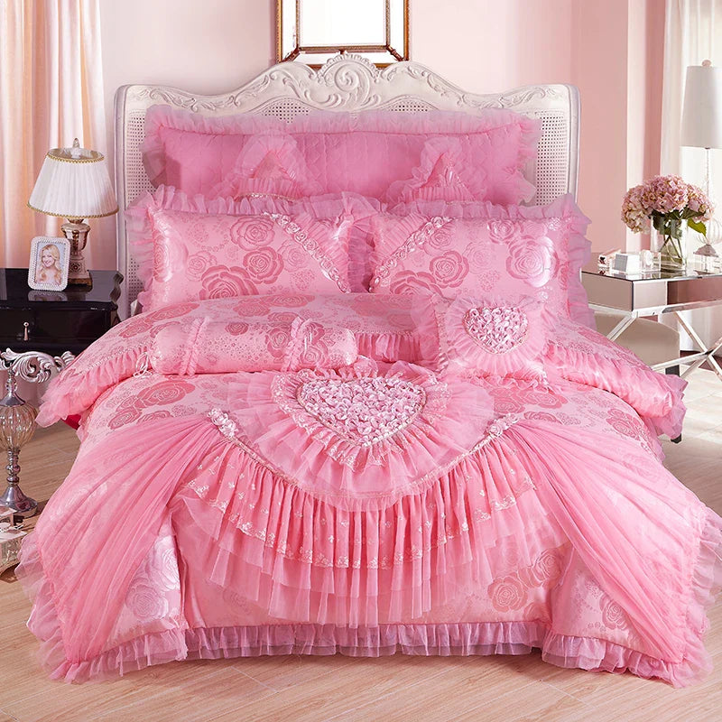 Luxury Wedding Bedding Sets Queen King Size Pink Princess Lace Bedcover Set Jacquard Duvet Cover Bed Sheet Pillowcases LadyShow.Store