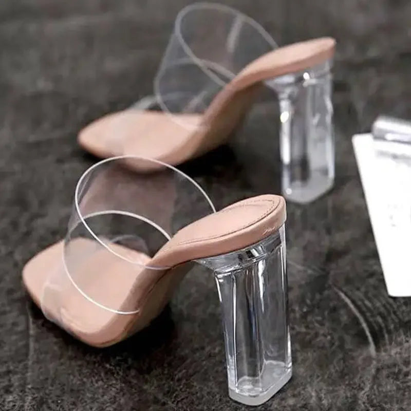 Summer Women Pumps Sandals 9cm Jelly Slippers Sexy Open Square Toe High Heels Women Transparent Slippers Shoe Heel Clear Sandals LadyShow.Store