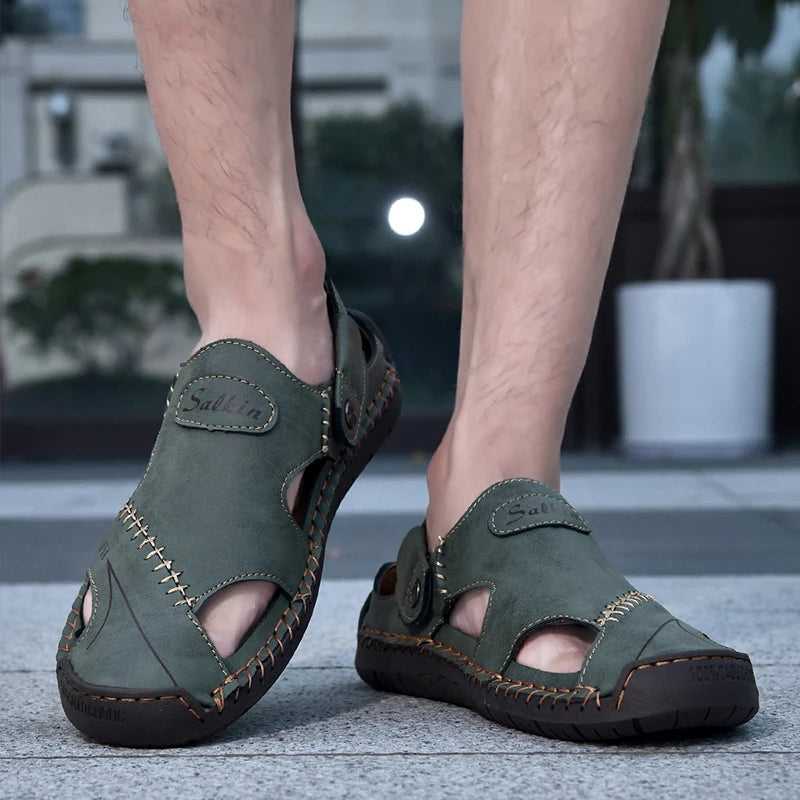 New Handmade Summer Sandals Men Breathable Leather Shoes Man Outdoor Men Sandals Antiskid Beach Sandals Hollow Shoes Fashion Pi-Mart