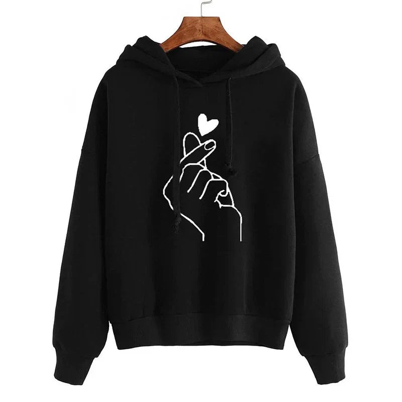 Autumn Fleece Hoodie Solid Color Finger Heart Hooded Korean Fashion Sweatshirts Long Sleeve Top Drawstring Pockets Loose Hoodies LadyShow.Store