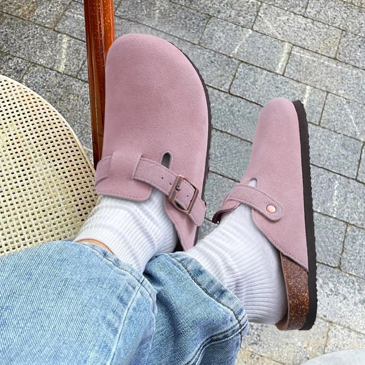 Comwarm Buckle Clogs For Women Men New Genuine Suede Clogs with Arch Support Soft Cork Footbed Mules Fashion Thick Beach Sandals Pi-Mart