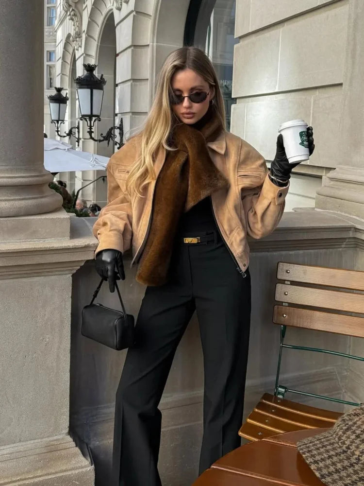 Brown Retro Suede Lapel Zippered Short Jackets Women's Casual Full Sleeves Pocket Loose Coats 2026 Spring Daily Commute Outwear LadyShow.Store