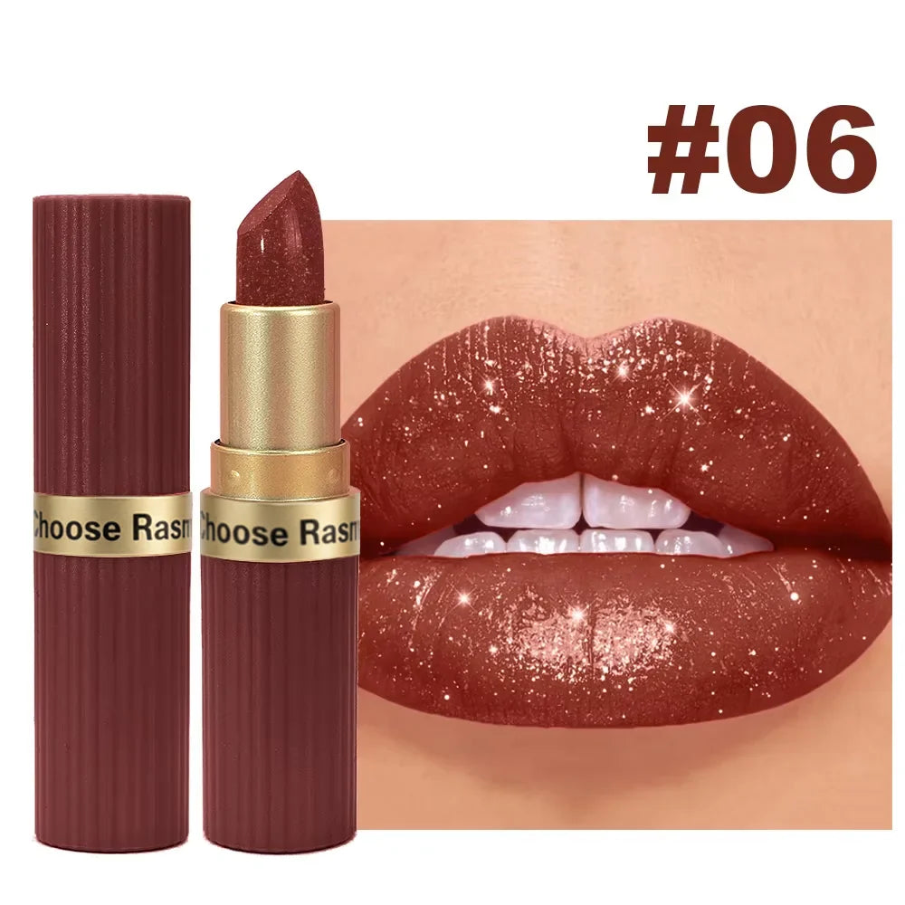 Pearlescent Pink Glitter Velvet Lipstick Metallic Waterproof Long Lasting Matte Shimmer Diamond Lipstick Women Makeup Cosmetic LadyShow.Store