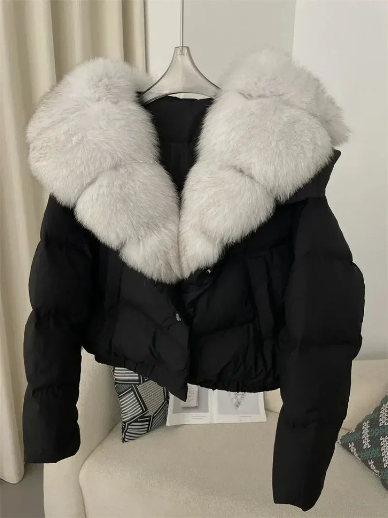 Down Jacket Women Short Puffer Jacket Thick New Big Natural Real Fox Fur Coat  Autumn Winter Female White Duck Down Coat Feather LadyShow.Store