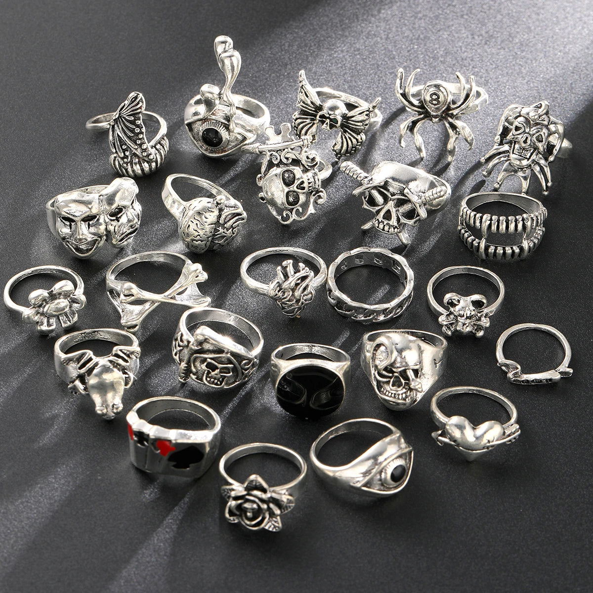 24 Pcs Gothic Skeleton Unisex Ring Set Punk Grunge Butterfly Frog Woman Man Jewelry Hip Hop Party Street Ring Accessories Gift Pi-Mart